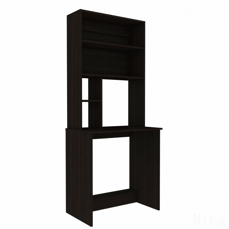 Bureau bahut Compu, noir avec quatre tablettes, une tablette inférieure et un bureau d'écriture