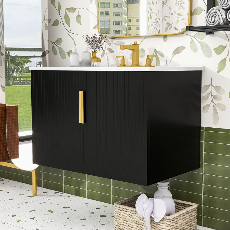 Meuble-lavabo mural moderne avec rangement réglable et lavabo, Noir / blanc