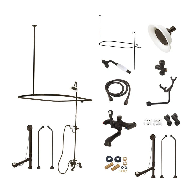 Kingston Brass Vintage Three-Handle 2-Hole Tub Wall Mount Clawfoot Tub Faucet Package with Shower Enclosure and Hand Shower