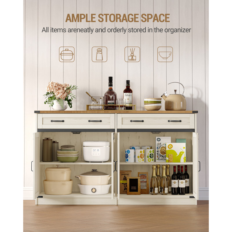 Coffee Bar Cabinet with Drawer, 55.1" Buffet Cabinet with Storage, Modern Farmhouse Sideboard Cabinets with Doors & Adjustable Shelves, Kitchen Storage Cabinets for Dining Room, White Brown