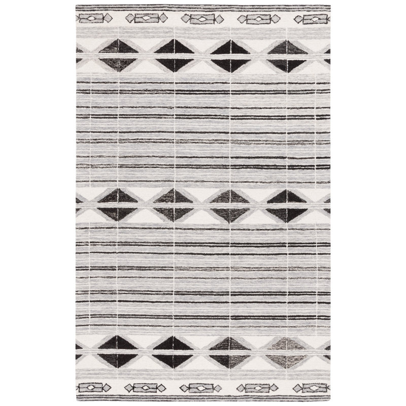 Sudip Hand Tufted Wool/Cotton Geometric Rug in Gray/Ivory, Rectangle 4' x 6'