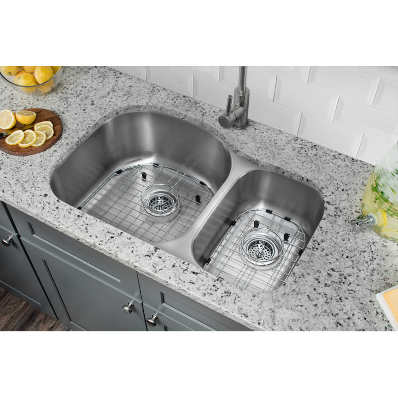Évier de cuisine à double cuve encastrable L 32 po x l 20,75 po, crépine avec bonde et support de cuve, Calibre 18