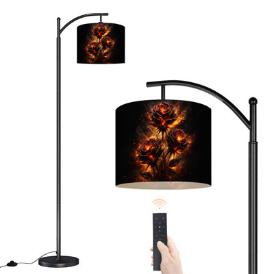 Arc Floor Lamp Fiery Red Roses Flames Dark Floor Lamps with Remote LED Lights Adjustable Lamp Shades Tall Standing Lamps for Reading Office Living Room