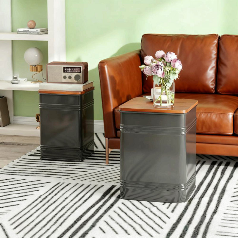 Ensemble de 2 tabourets gigognes noirs avec cadre de rangement en métal pour le salon