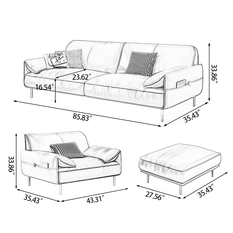 85.83" Green Genuine Leather 3 - Piece Living Room Set