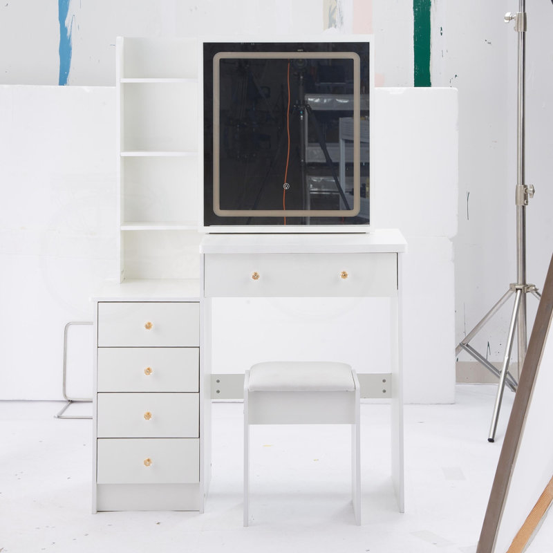 Coiffeuse Raga avec miroir coulissant à DEL, tabouret et rangement spacieux, Blanc