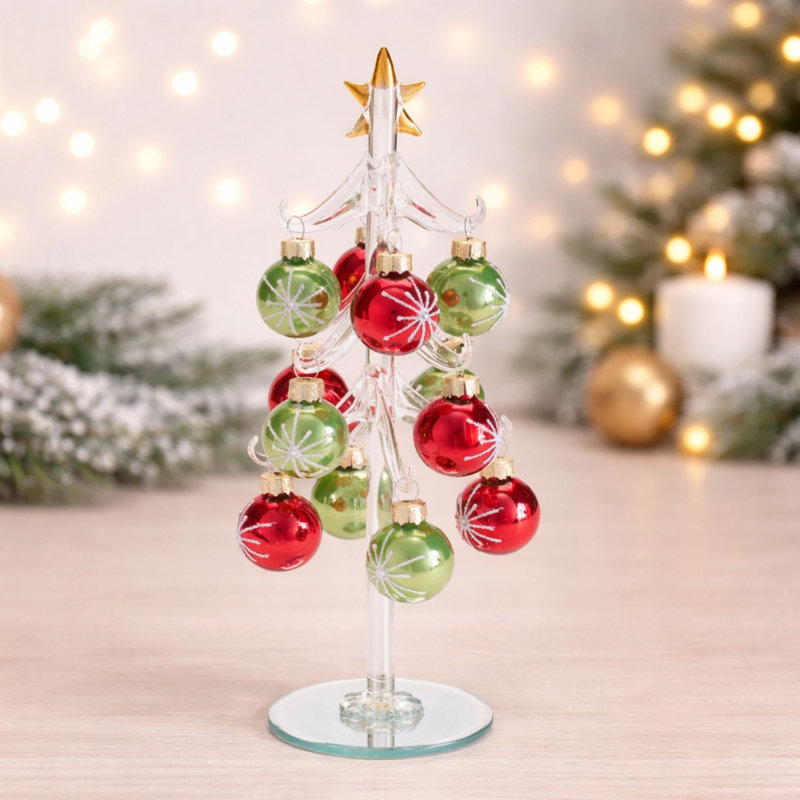 Arbre en verre avec mini ornements H 10 po
