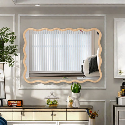 Solid Wood Wavy Rectangle Mirror-Natural-Wood 40" X 28" Modern Mirror Wall Decor For Bathroom, Bedroom, Living Room, Dining Room, Cloakroom, Entryway
