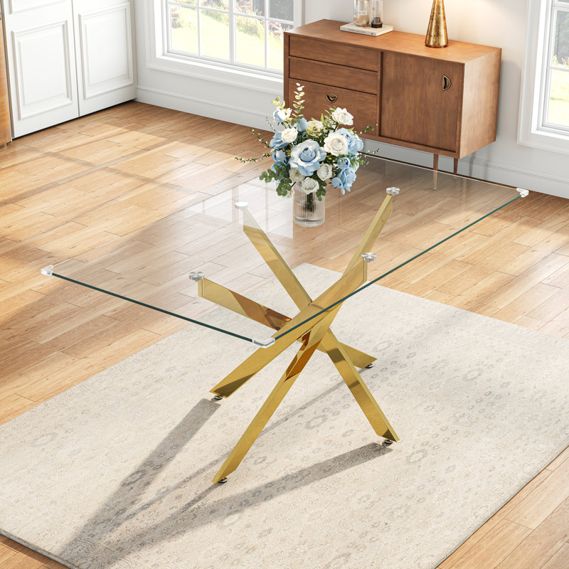 Table de salle à manger rectangulaire Gottwald 50" en verre pour 4 personnes, pieds croisés modernes en acier inoxydable, plateau en verre trempé, idéale pour les petits espaces.