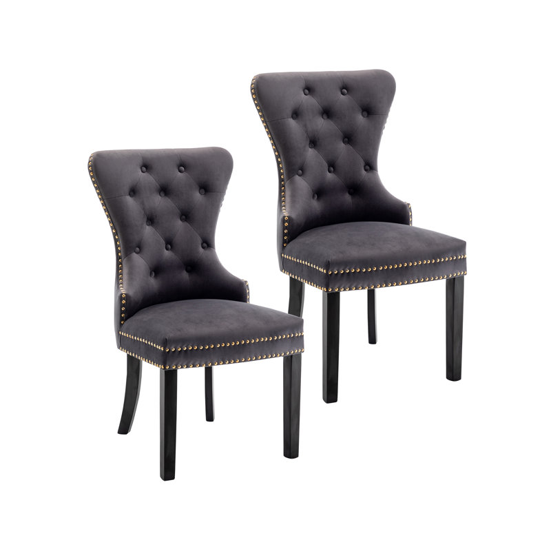 Chaise de salle à manger en velours avec pieds en bois d'hévéa Gislene, Velours gris, Noir