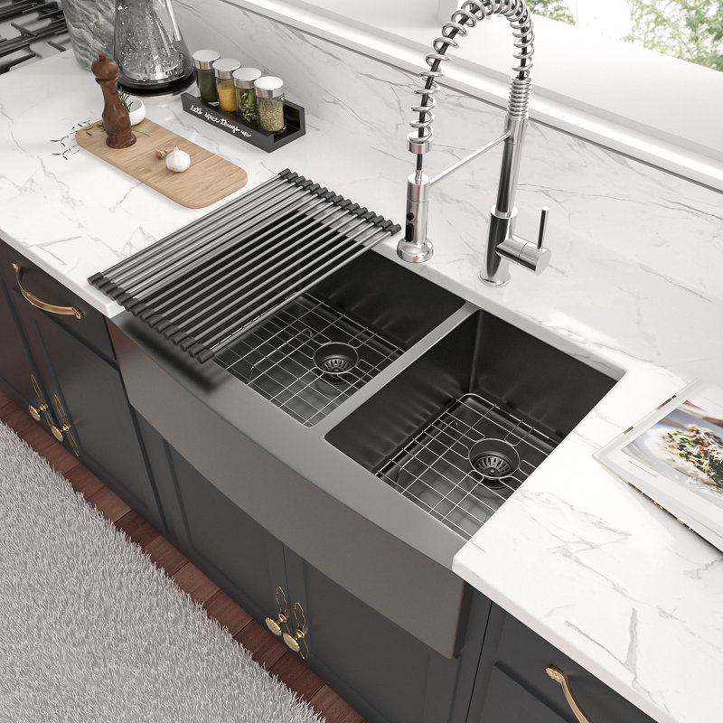 36" L x 21" W Apron Front/Farmhouse Kitchen Sink Gunmetal Black 60/40 Double Bowl 16 Guage Stainless Steel Sink