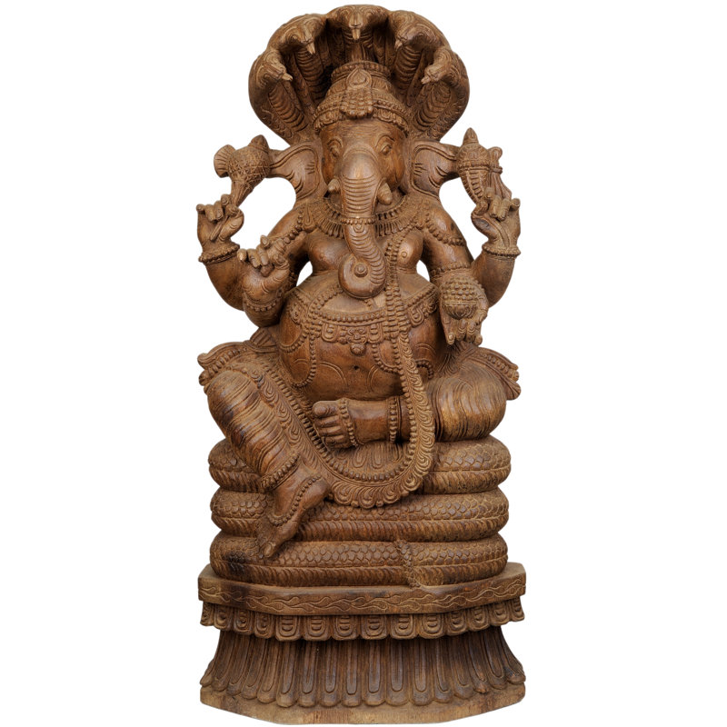 Main Ganesha de 36 po fabriqué à la main sur des ressorts de serpent - sculpture de bois du temple de l'Inde du Sud, sculpture à grande échelle pour décoration de maison sacrée et festive