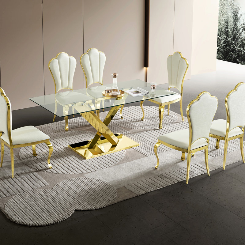 71.55 Inch Tempered Glass Top Gold Rectangular Dining Table, Legs, Understated Design, Functional Stainless Steel Table Of Top, Smooth Surface, Modern Look,