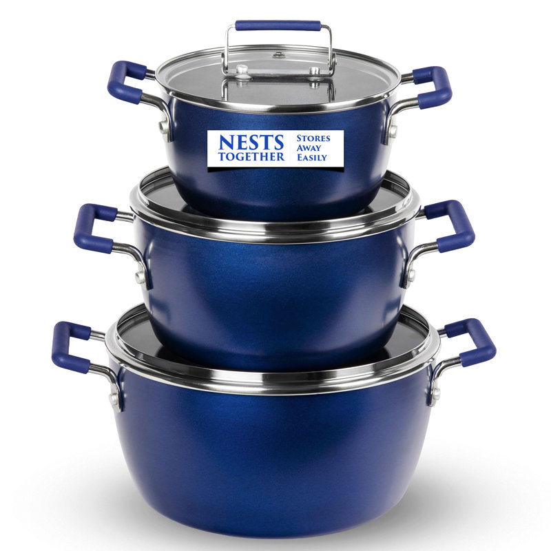 Granitestone 6 Piece Stackable Nonstick Nesting Pots with Lids, Dishwasher Safe, Blue