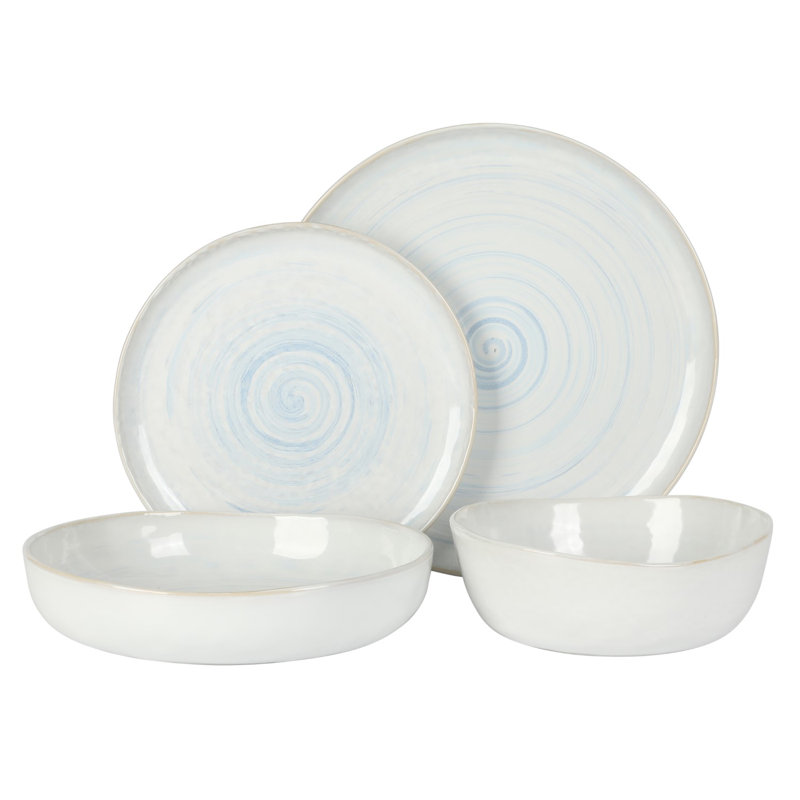 Gibson Elite Auckland Blue Swirl Stoneware Reactive Glaze 16 Piece Plates and Bowls Dinnerware Set