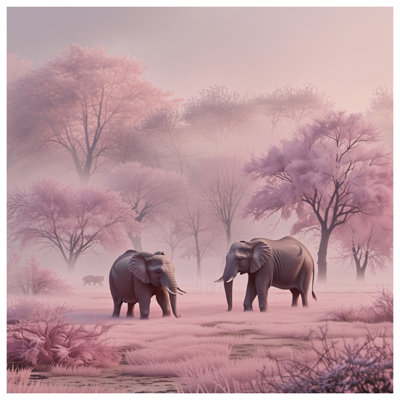 Éléphants dans la forêt rose