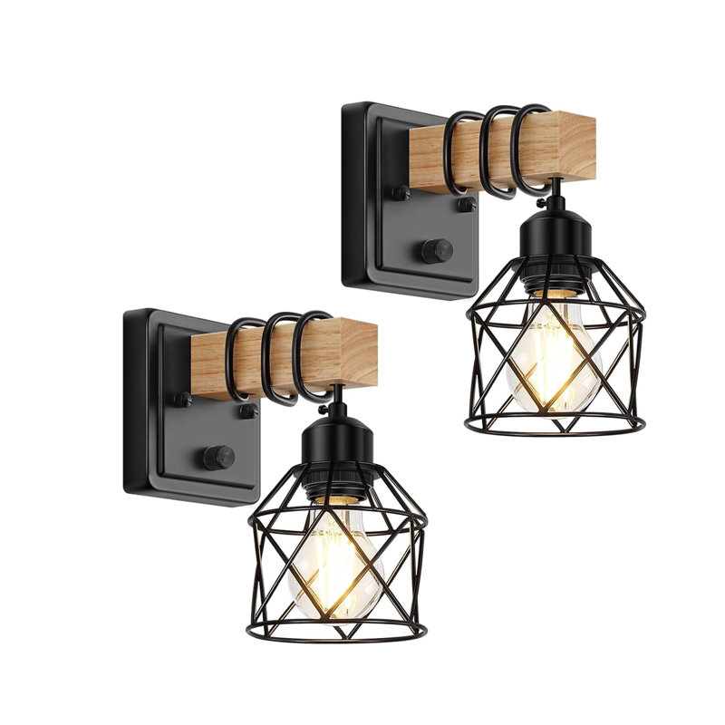 Ensemble de 2 appliques murales de style campagnard en bois et métal noir, luminaires muraux industriels rétro câblés avec douille E26 pour le couloir de la salle de bain