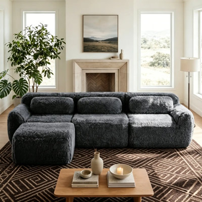 L-Shaped Plush Compression Sectional Sofa, Fluffy Floor Style Couch, 32D High Resilience Foam, Detachable Ottoman & Throw Pillows, Non-Slip Bottom, Interlocking Connection, No Assembly Needed for Indoor Rooms