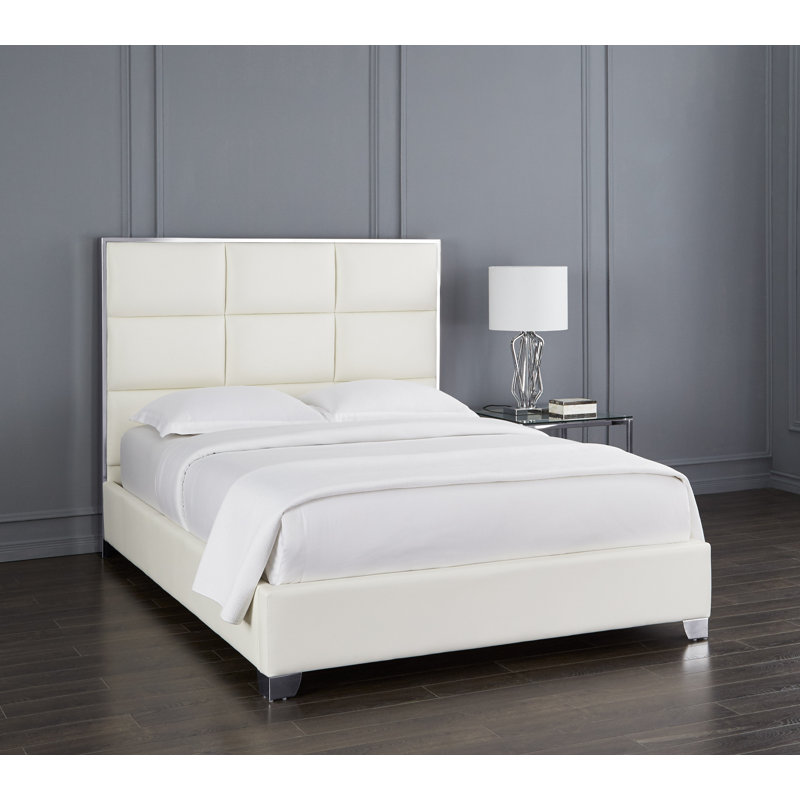 Glasser Upholstered Metal Platform Bed, White, Queen