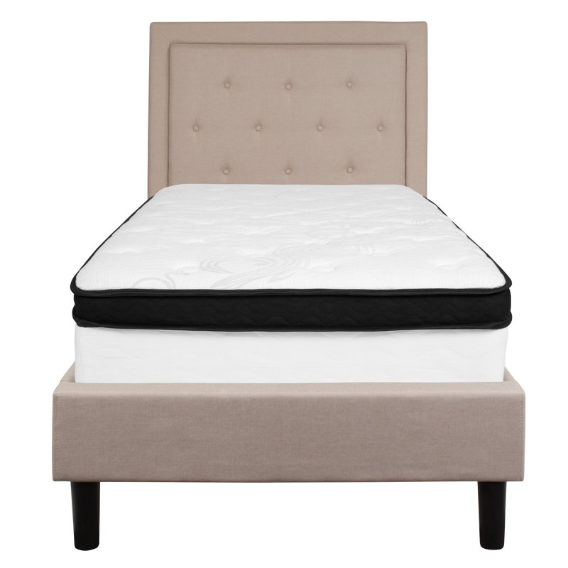 Aluino Panel Tufted Platform Bed and Memory Foam Pocket Spring Mattress, Beige, Twin