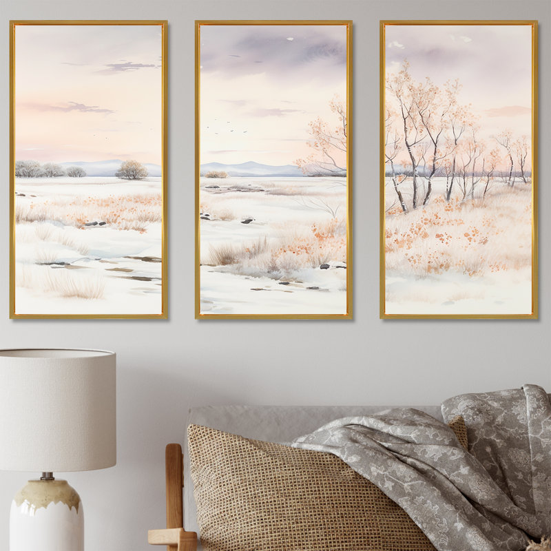 Minimalisme paysage d'hiver au bord du lac - ensemble de décoration murale neige, Cadre flottant doré