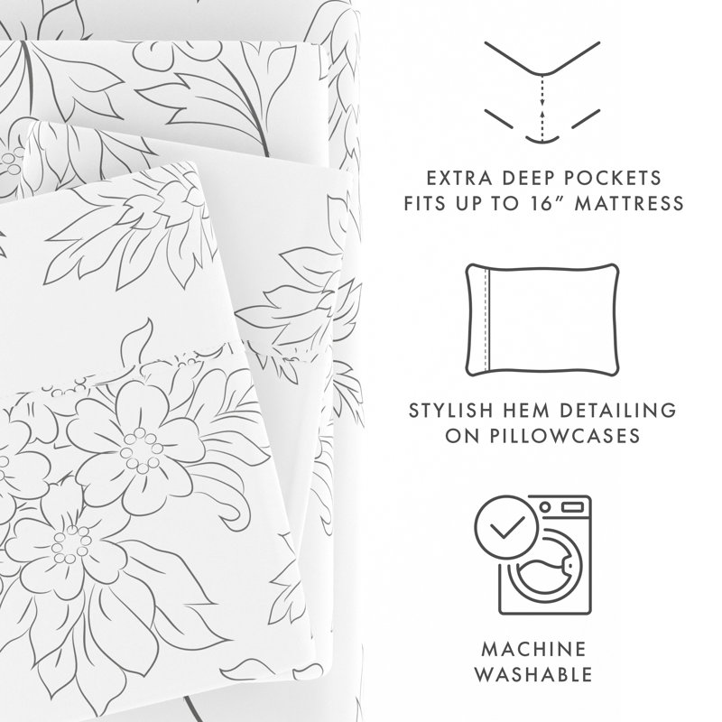 Gray and White Floral Queen Ultra Soft Microfiber Sheet Set