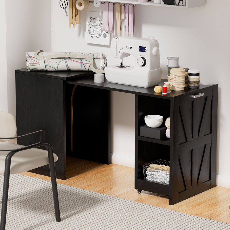 Extendable Folding Desk with Storage Shelf and Charging Station, Foldable Study Table for Small Spaces, Home Office, Dorm Room, Multi-Functional Computer Desk,Black