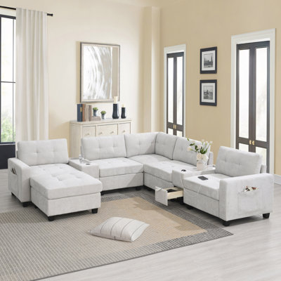 Canapé modulaire de 104 po avec plateau en acrylique, ensemble de canapé en U en chenille avec 2 consoles, chargeur USB, tiroirs et poches de rangement, repose-pieds mobile, canapé capitonné, appartement