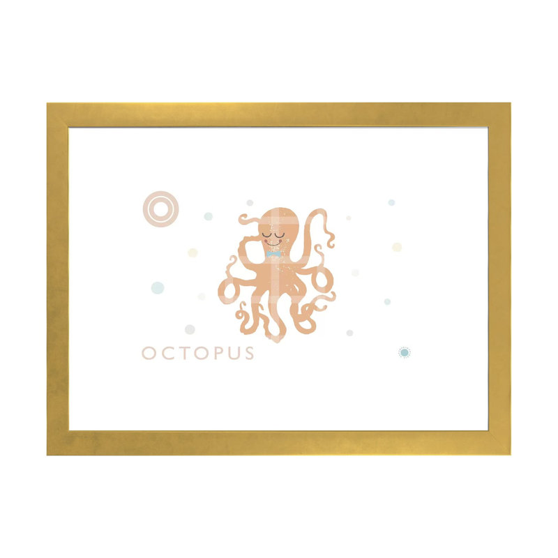 Pieuvre - impression d'art graphique, Papier encadré doré, H 24 po x l 32 po x P 1 po, Blanc