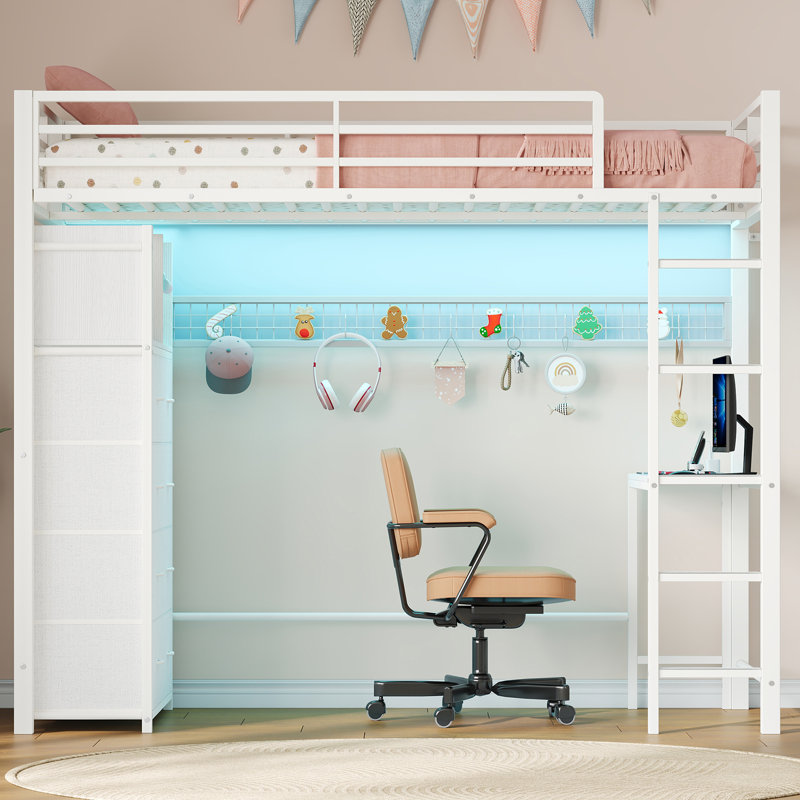 Lit mezzanine avec bureau, station de recharge, éclairage DEL RVB, 8 tiroirs et 2 niches ouvertes, Twin, White