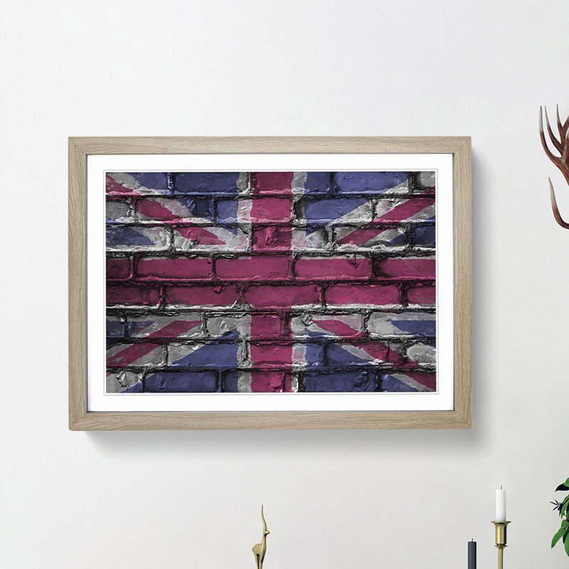 Union Jack Brick Wall Graffiti in Abstract - Picture Frame Graphic Art Print, Oak Framed, 27cm H x 36cm W x 2cm D