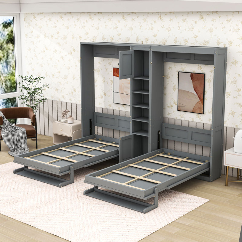 Lit escamotable double à double paroi avec armoires et tablettes intégrées, Gris