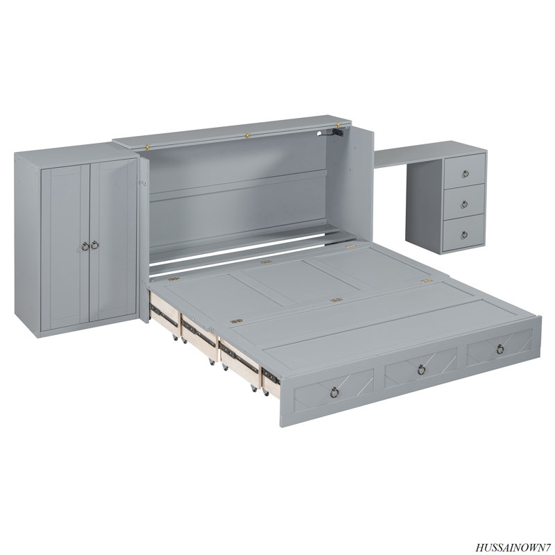 Murphy Bed With USB Port, Large Drawer, And Wardrobe/Desk Combo, Grey