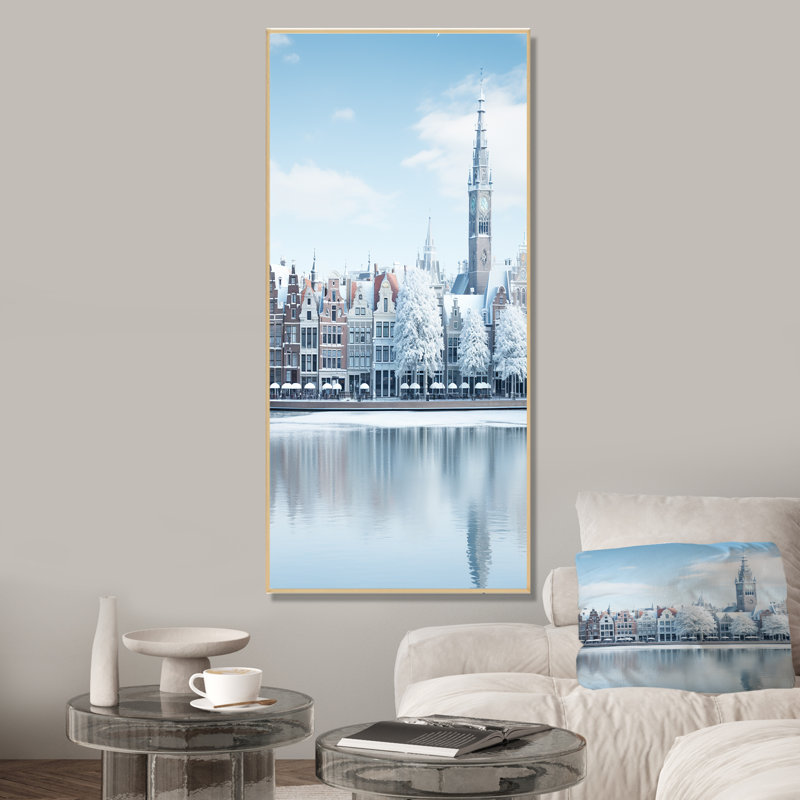 Village d'hiver au bord du lac - art mural forêt, Cadre flottant brun, H 60 po x l 28 po x P 1,5 po