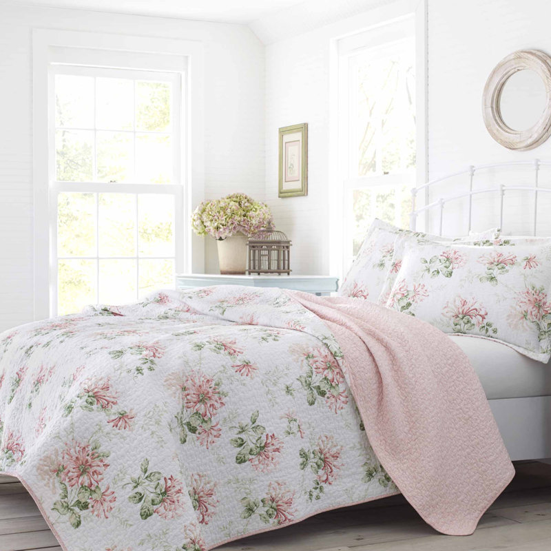 Ensemble de courtepointe réversible en coton rose Honeysuckle de Laura Ashley