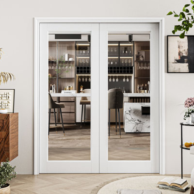 Porte en verre clair 56 po x 80 po à 1 verre, porte intérieure en verre trempé fritté en céramique, apprêté blanc / préfini, porte française à âme solide, porte de garde-manger, porte de placard