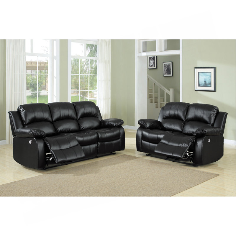 Ensemble de canapé en similicuir noir avec canapé inclinable et accoudoirs 2 pièces