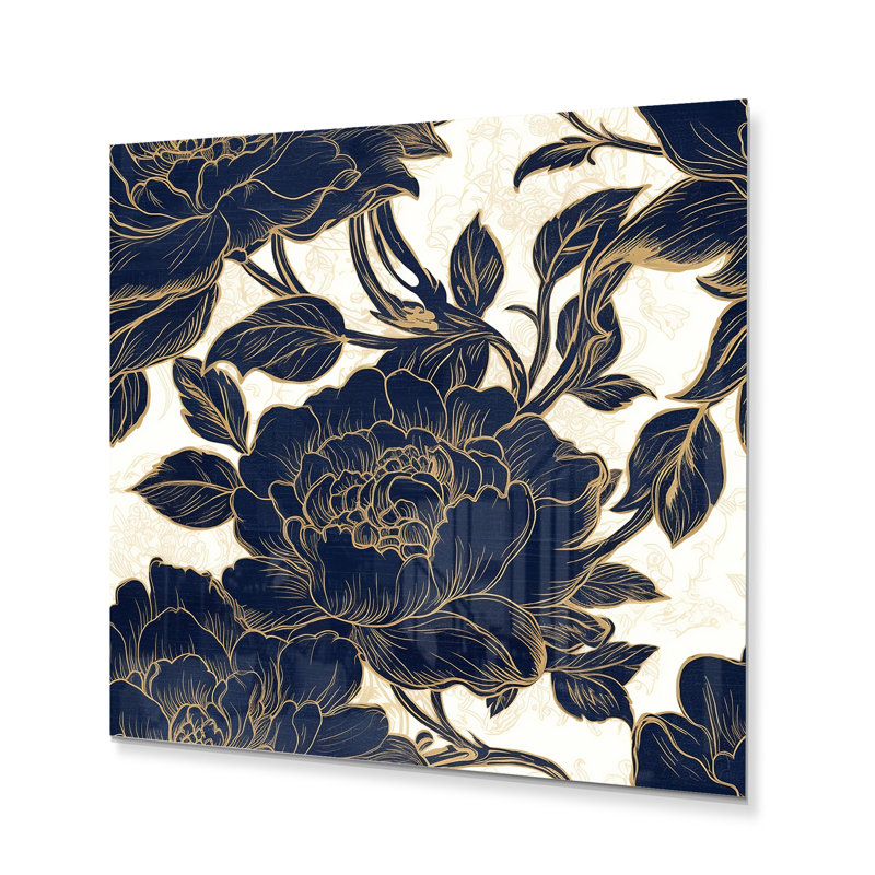 Décoration murale pivoines bleues et dorées Symphony III, H 23 po x l 23 po x P 1 po