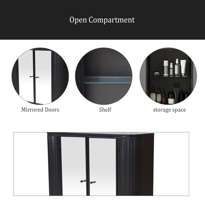 Armoire de salle de bain murale avec miroir, 2 portes en miroir et tablette ouverte, armoire de rangement en métal de style campagnard avec compartiment ouvert pour meuble-lavabo, toilette et évier