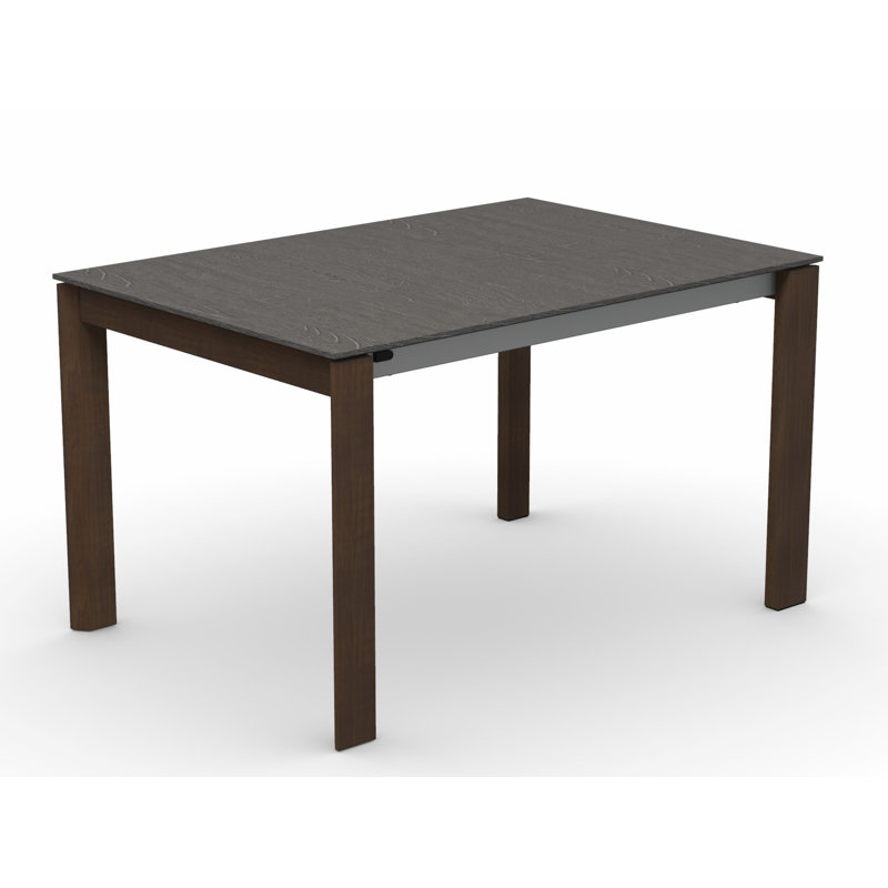 Eminence Extendable Solid Wood Dining Table, 35.5" W x 51.25" L, Beton Gray Melamine, Matte Optic White/Walnut Legs