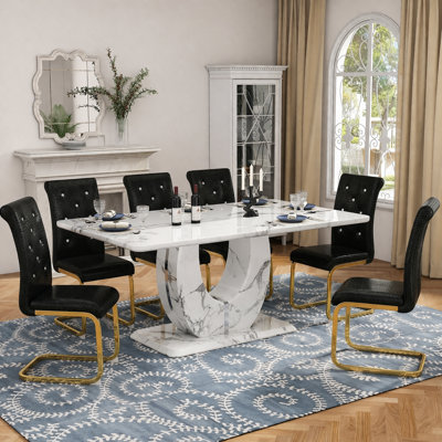 63'' Modern Glam Faux Marble Dining Set With [4/6] Crystal Button Tufted Faux Alligator Leather Chairs