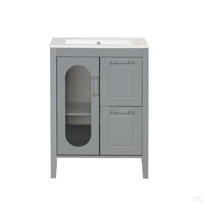 Meuble-lavabo 24 po avec lavabo, meuble-lavabo avec deux tiroirs et porte, tablette réglable, bois massif et panneau de fibres à densité moyenne