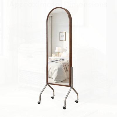 Arched Full Length Mirror with Storage Shelves & Wheels, Freestanding Rubber Wood Frame Floor Mirror for Bedroom and Living Room