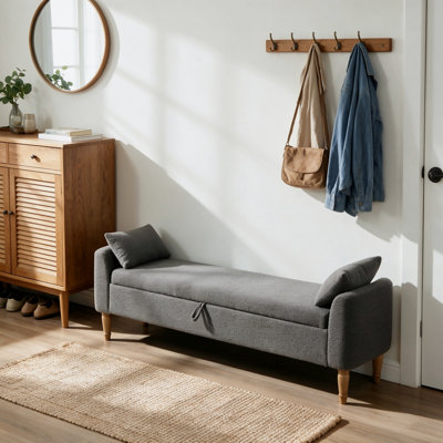 65.94"W Modern Boucle Storage Bench, Charcoal Upholstered Bed End Daybed with Armrests, 2 Bolster Pillows and Rubberwood Legs for Bedroom, Entryway, Living Room & Dormitory