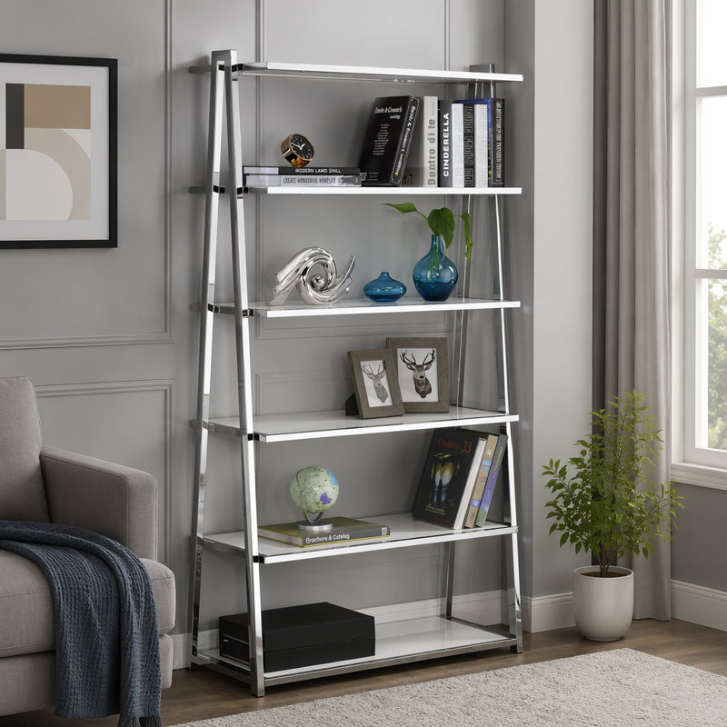 Bibliothèque rectangulaire ultrabrillante et chromée avec structure en métal, parfaite pour les solutions de rangement modernes et élégantes.