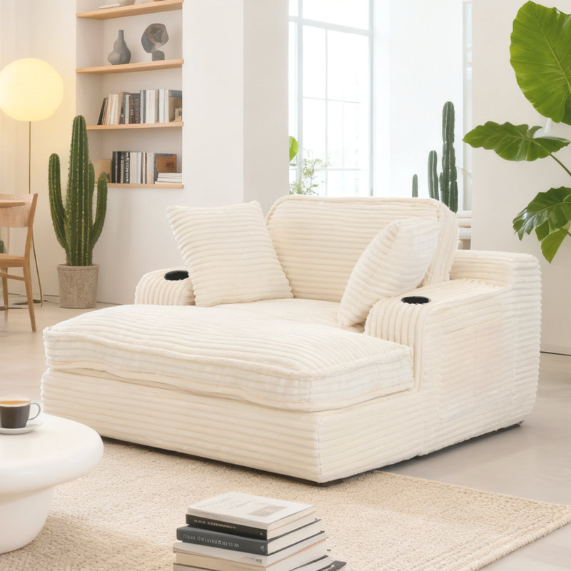 Oversized Cloud Chaise Lounge With Cup Holders & Side Pocket, No Assembly Required, Corduroy, Beige
