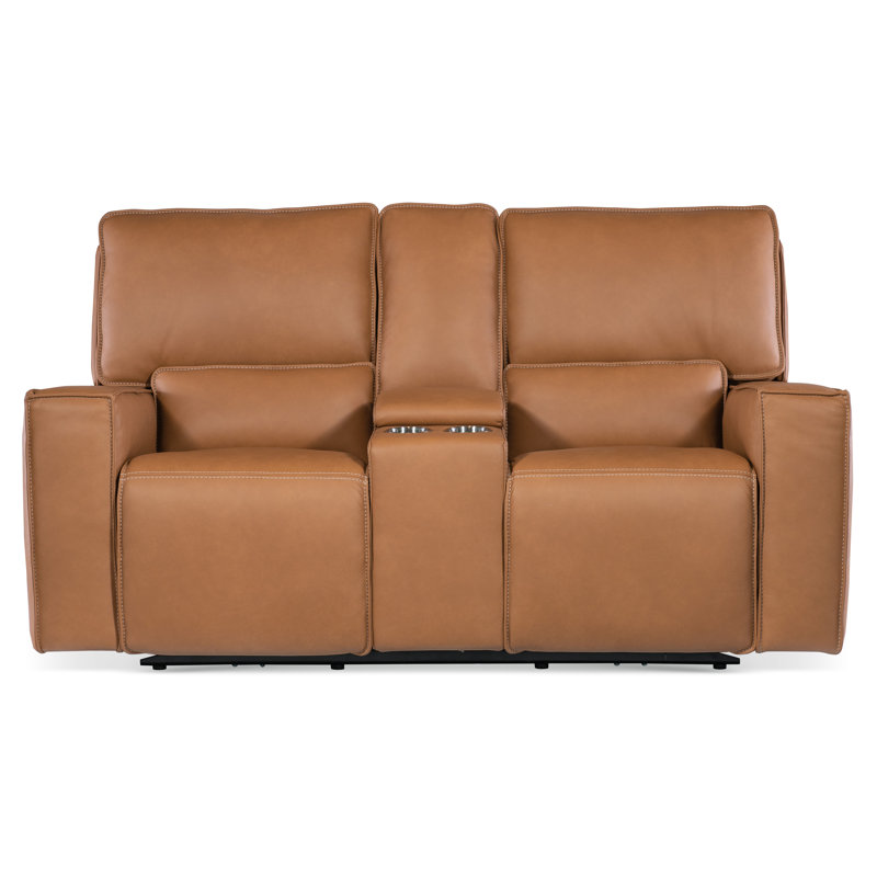 Oslo Antelope Brown Leather Reclining Loveseat with Cup Holders