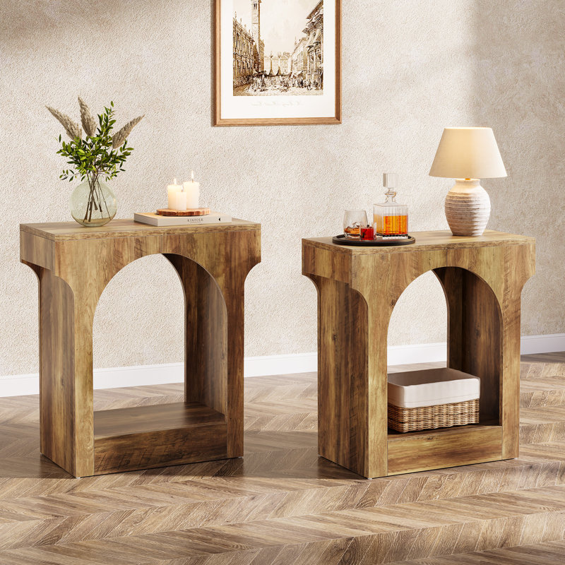 Ensemble de tables d'appoint à 2 niveaux en bois avec un design arqué innovant, Brun