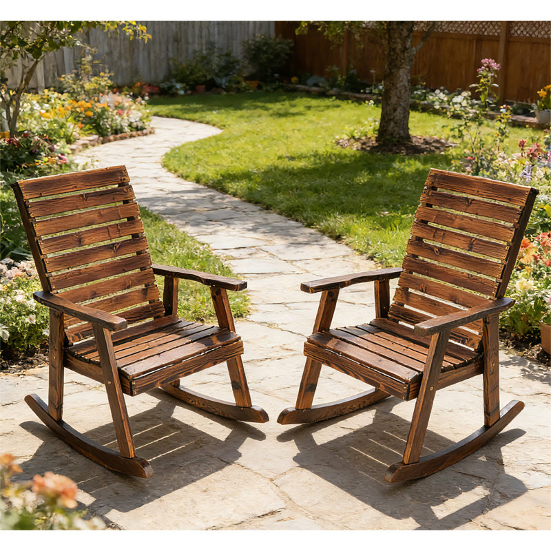 Ensemble de 2 chaises berçantes d'extérieur - Mobilier de patio en bois, style rustique, pour terrasse, porche, balcon et jardin.