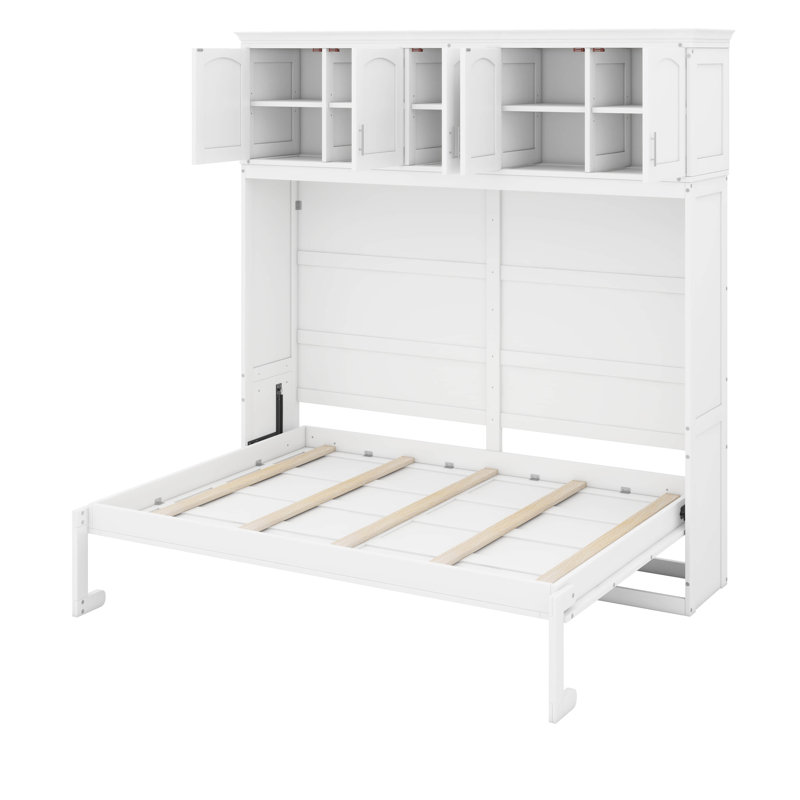 Grand lit escamotable avec armoires supérieures, Grand, Blanc